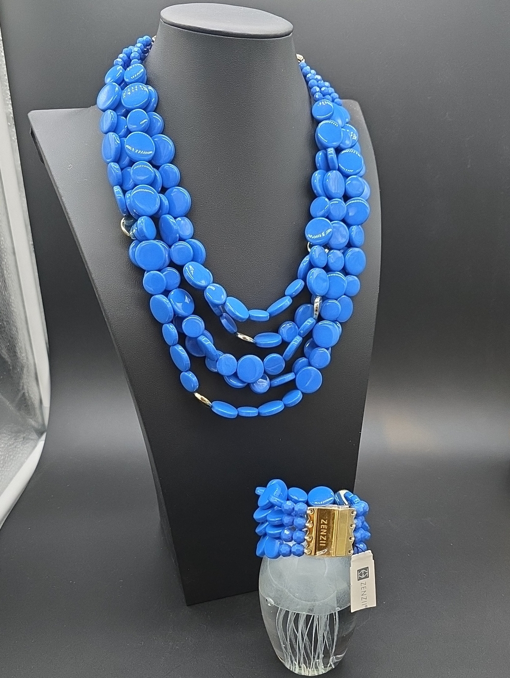 NWT VINTAGE ZENZII Bold Blue Multi-Strand Bead Necklace & Bracelet Set
